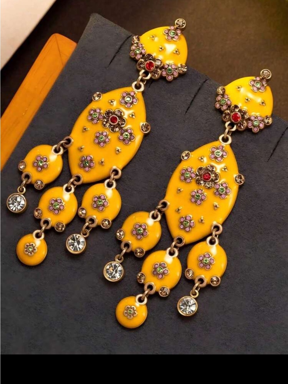 Vintage luxury Yellow Floral Dangle Earrings with Multicolor Accents